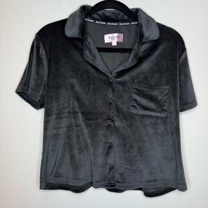 Juicy Couture Velvet Short Sleeve Button-Up Shirt in Black